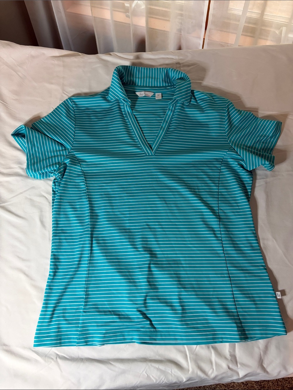 Lady Hagen Turquoise Striped Golf Polo with V-Notch Collar
